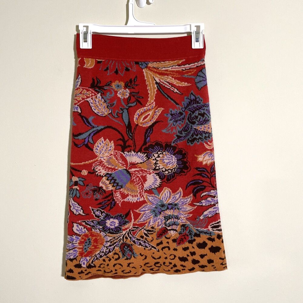 Anthropologie Maeve Women's Delphinia Skirt XS Floral Leopard Pencil Knit Red - Picture 3 of 9